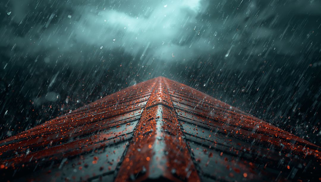 Moody Red-Tiled Roof in Heavy Rainstorm with Dramatic Sky