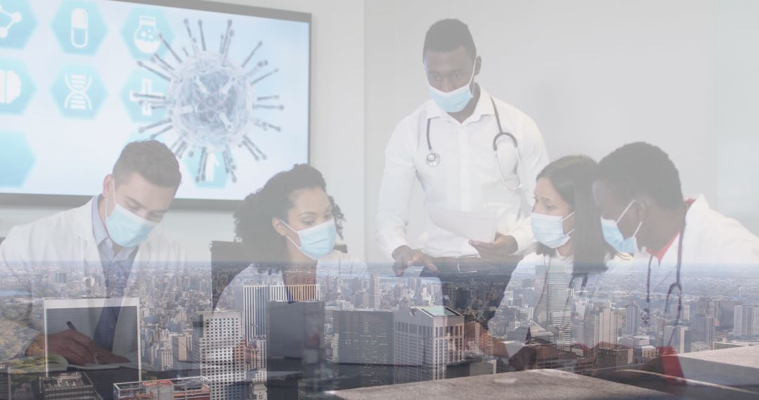Diverse Medical Team Collaborating with Urban Innovation Concept