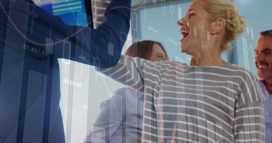 Team Celebrating Success with Virtual Data Overlays