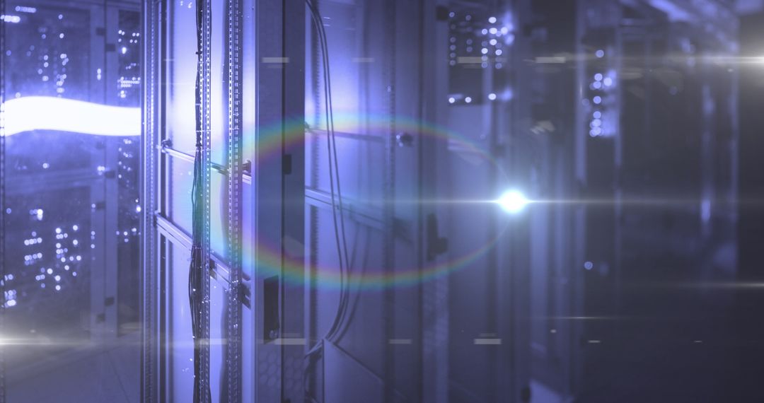 Advanced Technology Blue Servers in Data Center with Lens Flare Effect