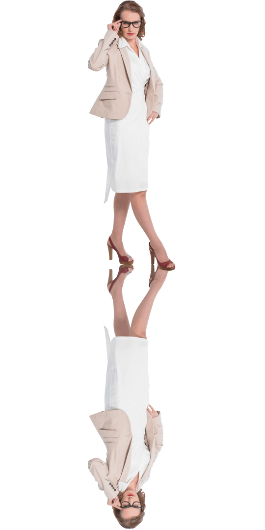 Serious Businesswoman Adjusting Glasses with Transparent Reflection