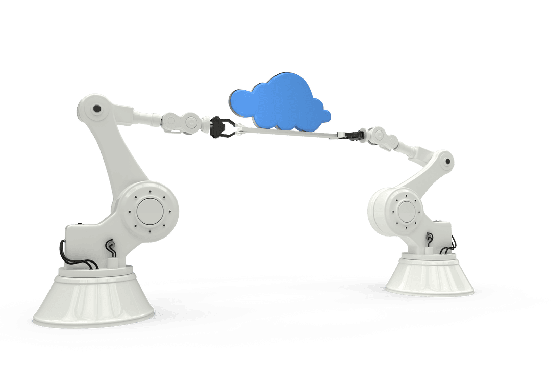 Transparent Robotic Hands Holding Blue Cloud Symbol