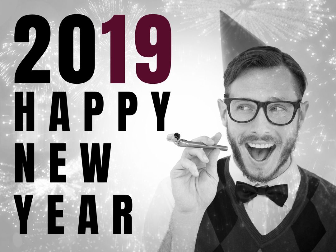 Retro New Year Celebration with Excited Man Blowing Party Horn