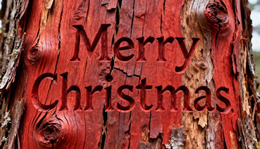 Merry Christmas carving on weathered red tree trunk closeup rustic holiday wood texture