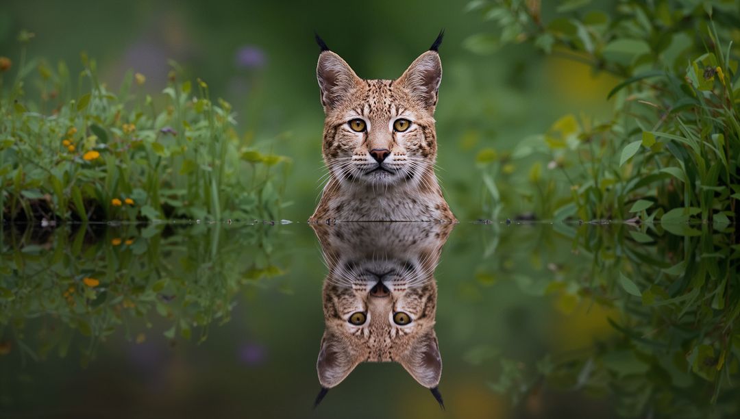 Lynx Emerging from Water with Mirror Reflection in Green Meadow