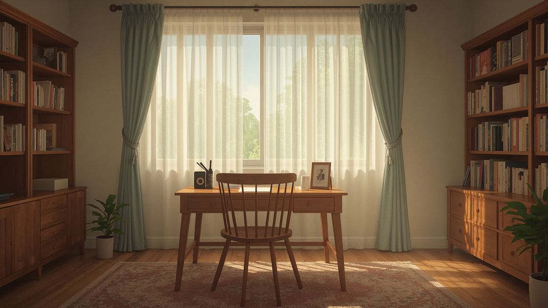 Cozy Home Study with Wooden Desk and Natural Light