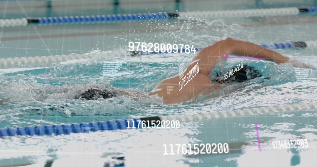 Competitive Swimmer Executing Freestyle Stroke with Digital Metrics Overlay