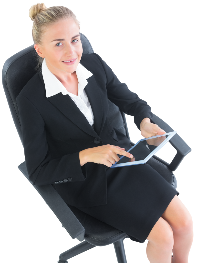 Transparent Blond Businesswoman Smiling and Using Tablet on Office Chair - Download Free Stock Images Pikwizard.com