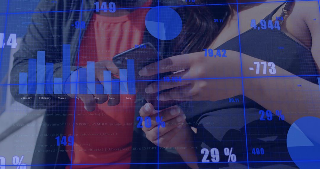 Colleagues Reviewing Mobile Dashboard with Charts, Percent Metrics and Collaborative Analysis