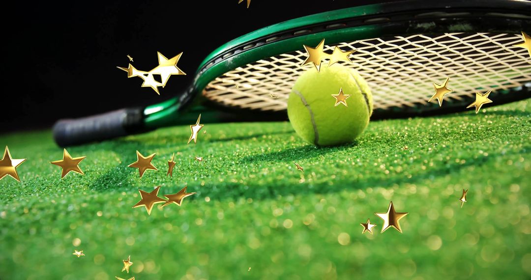 Tennis Racket and Ball Sparkle on Turf with Golden Stars