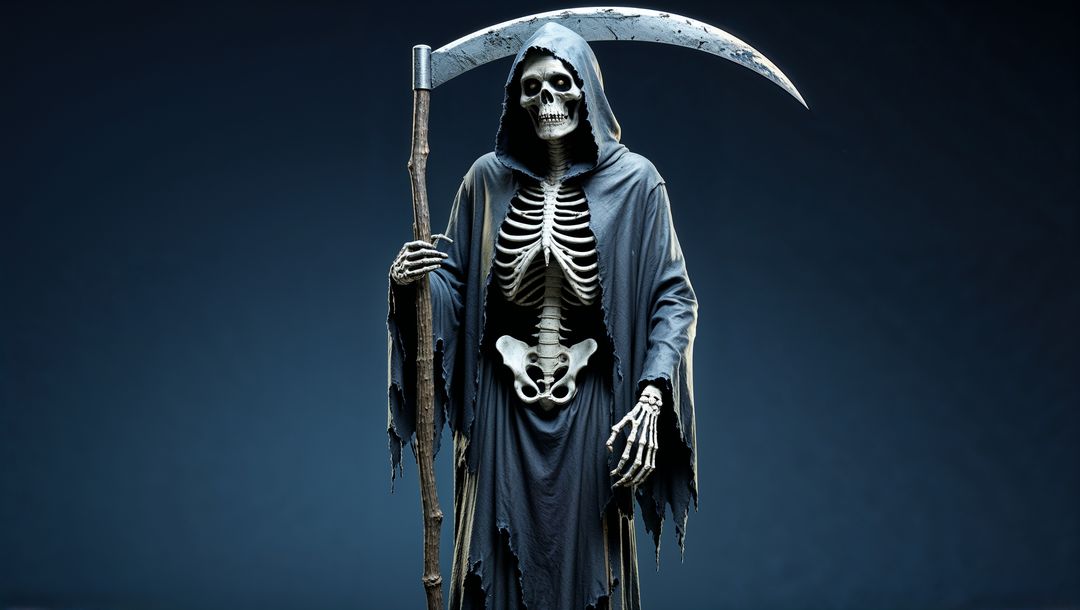 Dark fantasy grim reaper with scythe and hooded cloak