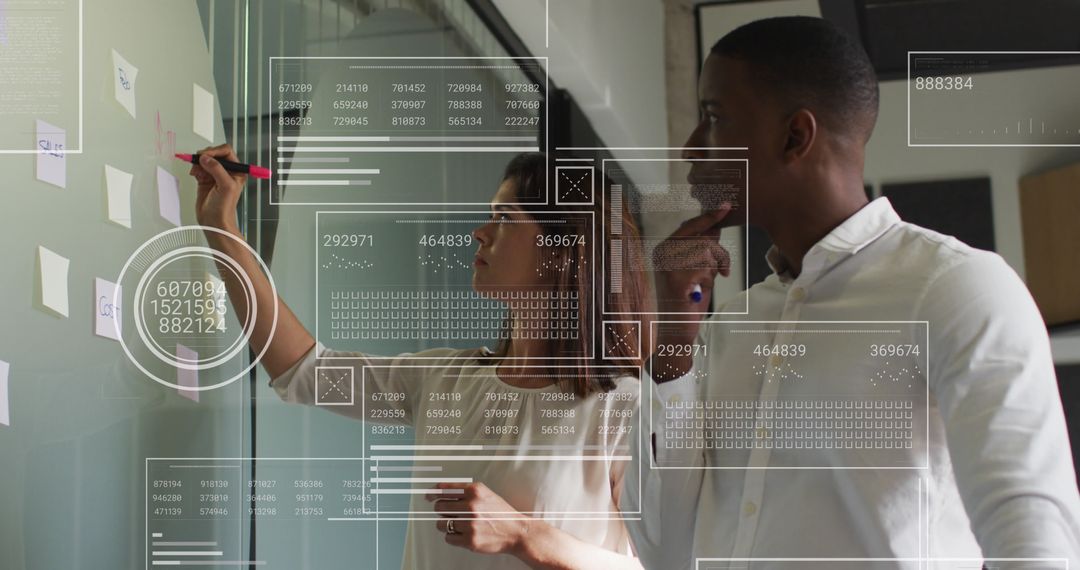 Diverse Coworkers Analyzing Digital Data on Whiteboard