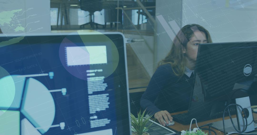 Woman Analyzing Digital Data on Screens in Modern Office