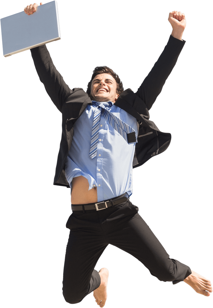 Happy Businessman Leaping with Laptop on Transparent Background