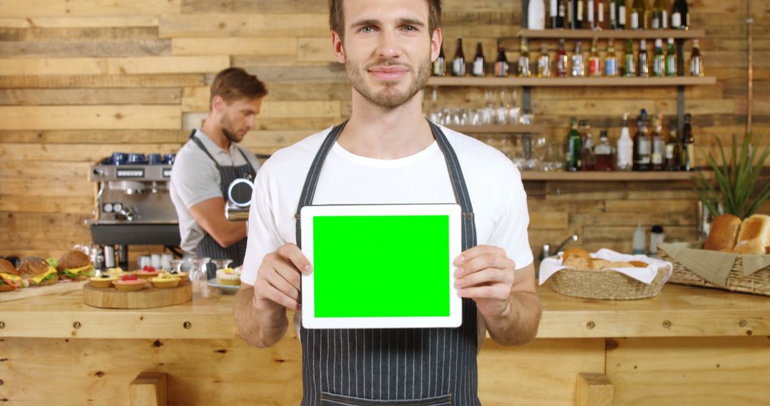 Cafe Barista Holding Tablet with Green Screen Display - Free Images, Stock Photos and Pictures on Pikwizard.com