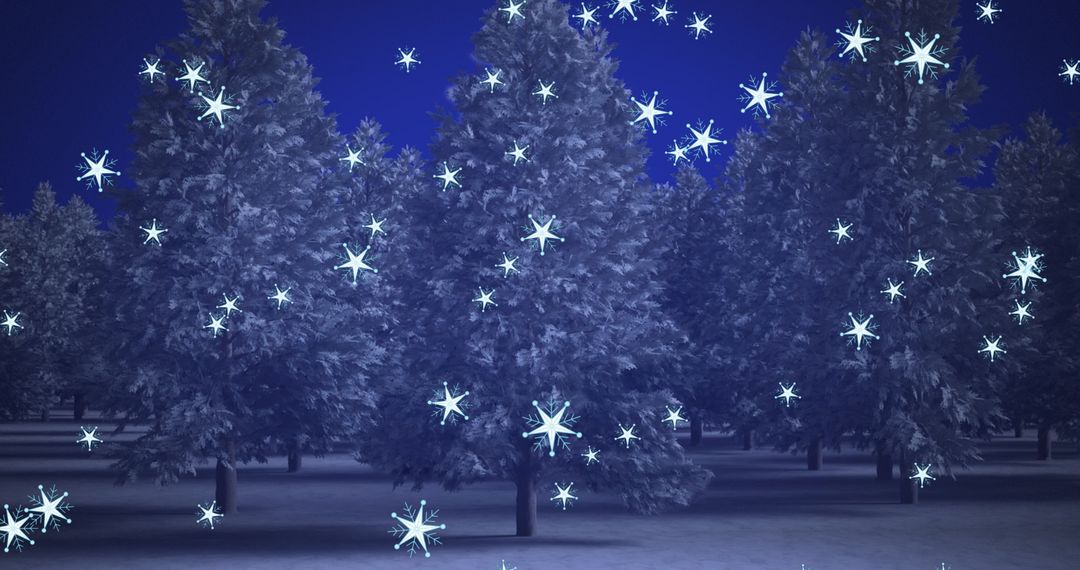 Night Winter Forest with Falling Stars and Snow