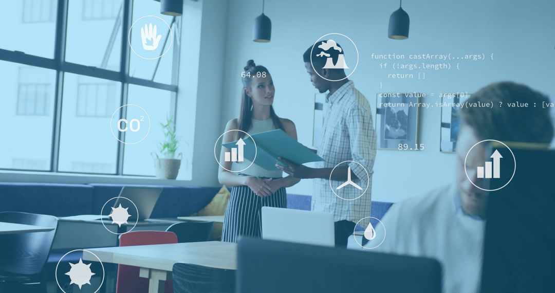 Young Professionals Reviewing Data in Modern Open-Plan Office with Analytics Overlay