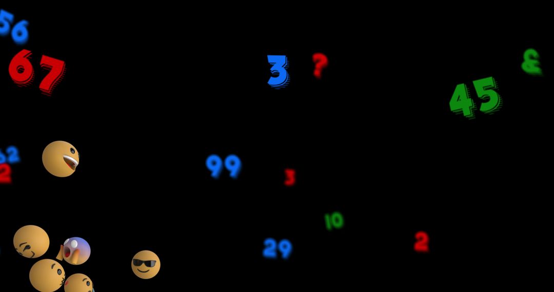 Multicolored Numbers and Emojis on Black Background