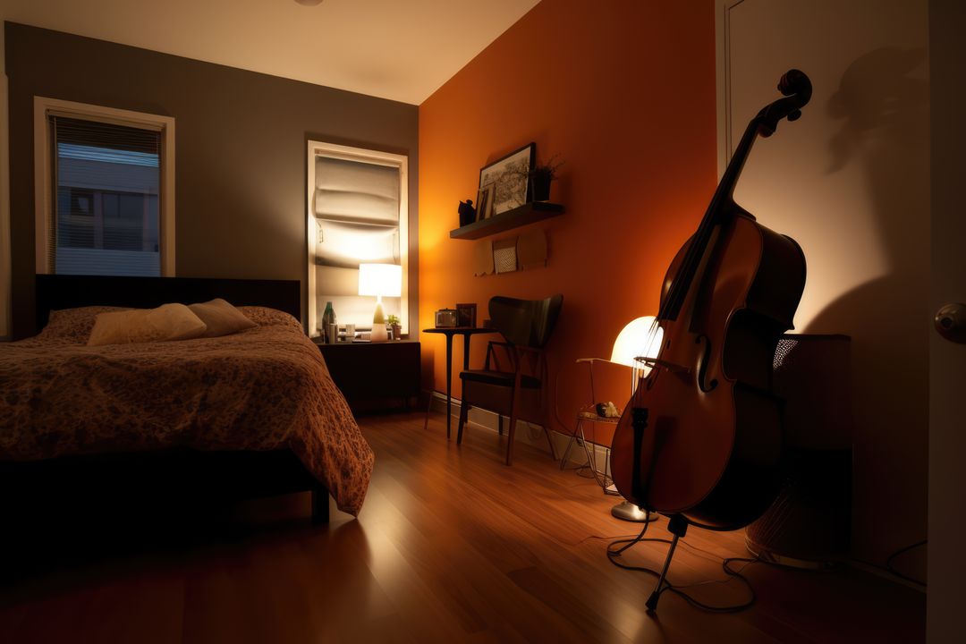 Cozy Bedroom with Musical Instruments and Wooden Floor - Free Images, Stock Photos and Pictures on Pikwizard.com