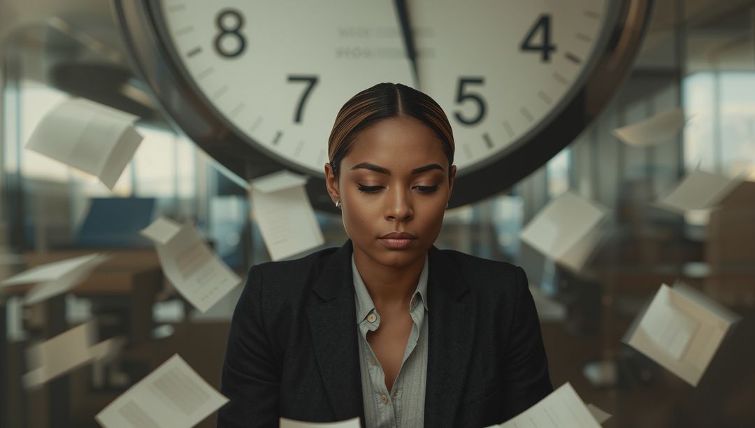 Businesswoman Handling Documents in Modern Office with Clock