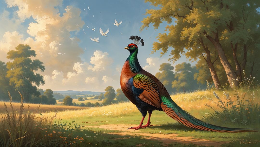 Pheasant animal strutting along meadow path with doves under sunny sky