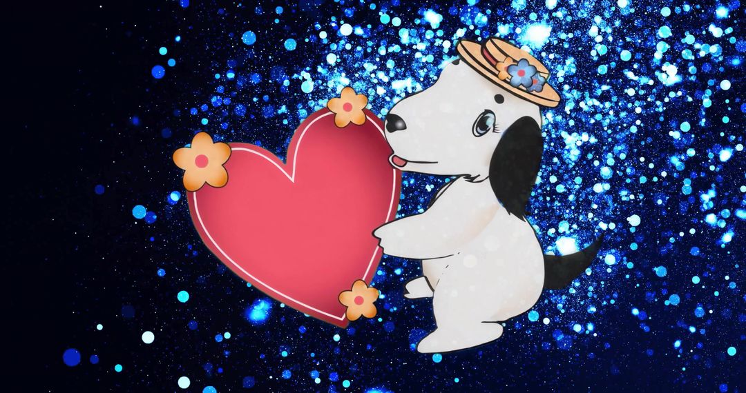 Cute Dog with Straw Hat Holding Heart in Glittery Backdrop