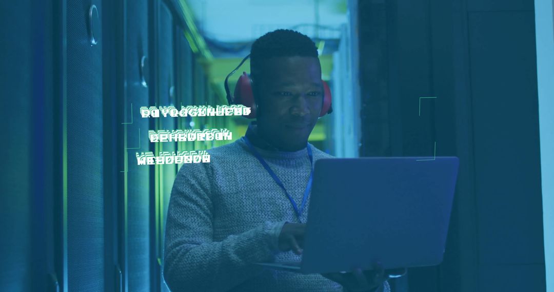 IT Technician Analyzing Data Center Systems in a Futuristic Environment