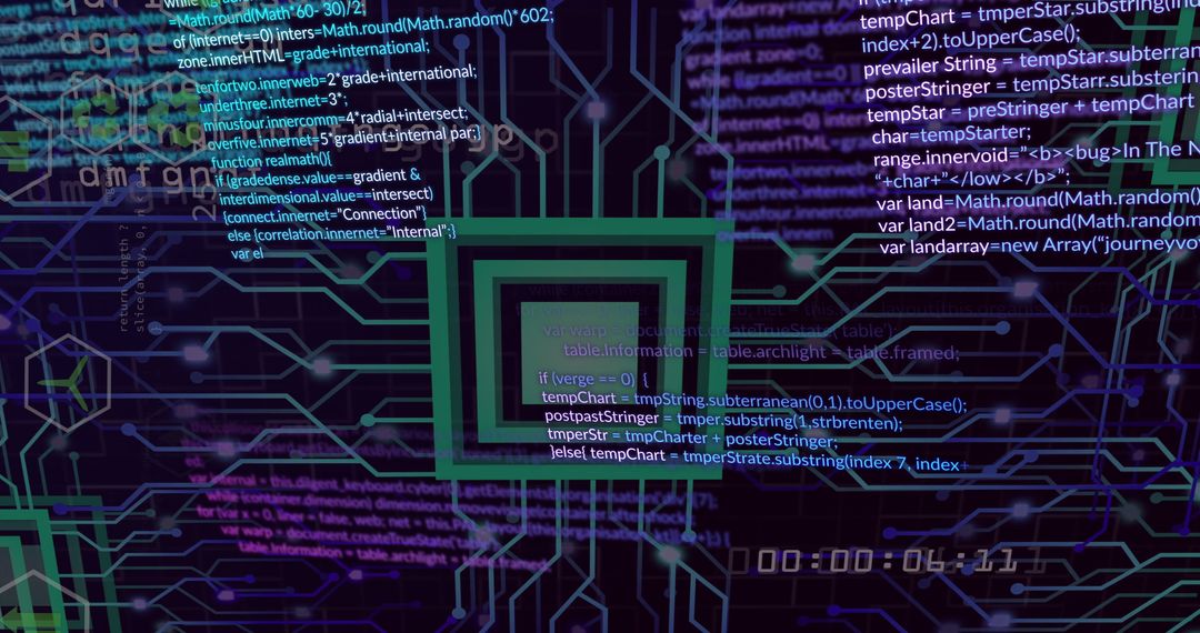 Futuristic Circuit Board with Digital Code and Timer Overlay