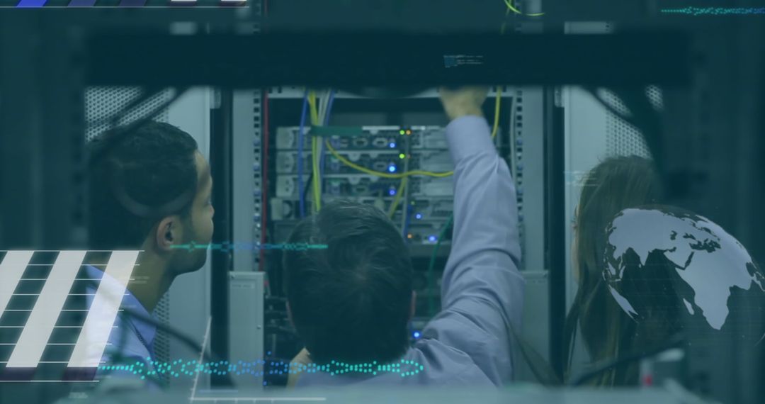Team of Engineers Working in High-Tech Server Room with Data Overlay