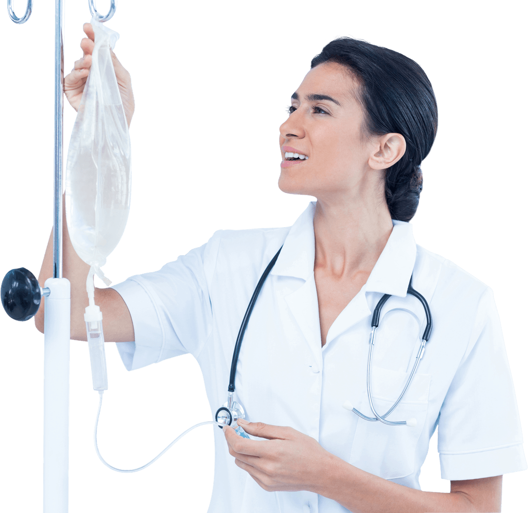 Transparent Female Doctor Adjusting IV Drip with a Focused Expression