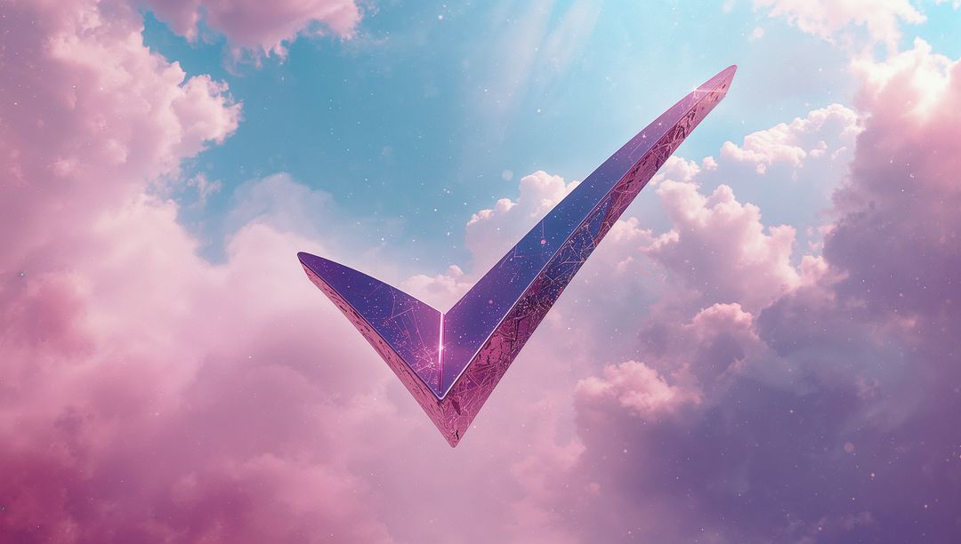 Futuristic Metallic Check Mark Floating in Surreal Sky