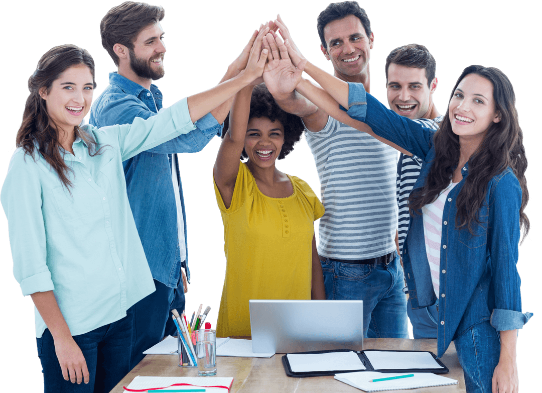 Cheerful Team Celebrating Success with Transparent Hands Up Gesture