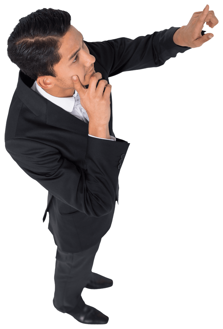 Transparent Biracial Businessman Pointing and Thinking