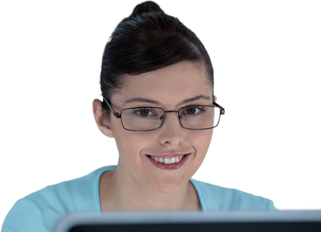 Transparent Background Businesswoman Smiling at Computer Screen