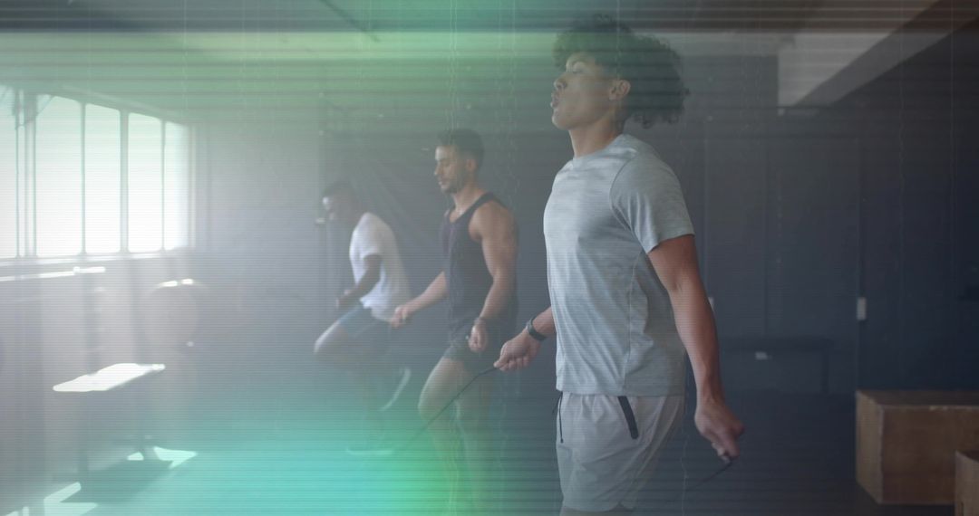 Group Workout Session Jump Rope Challenge in Industrial Gym Setting