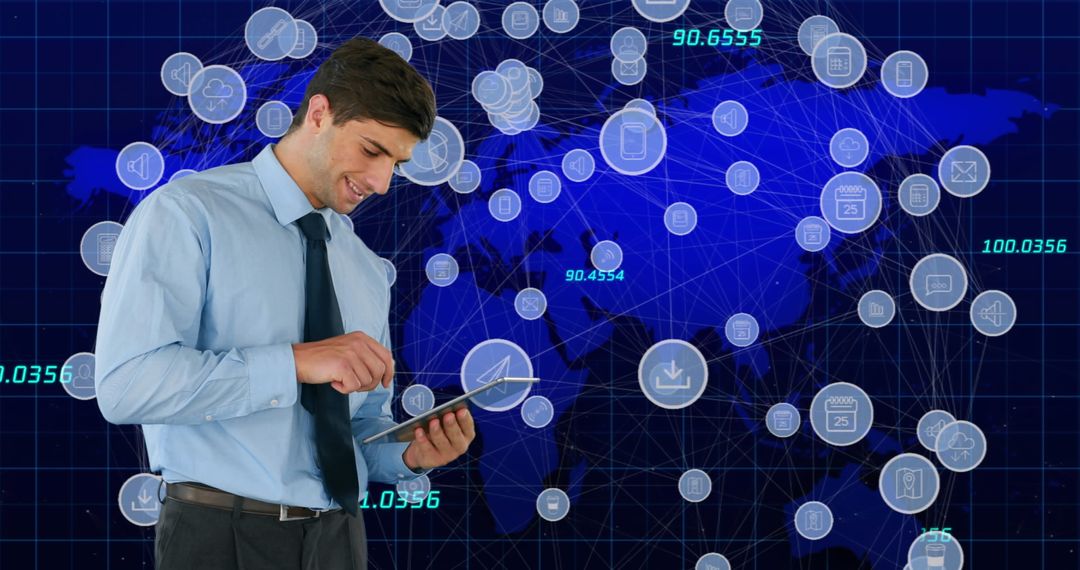 Businessman Engaging with Global Network on Tablet