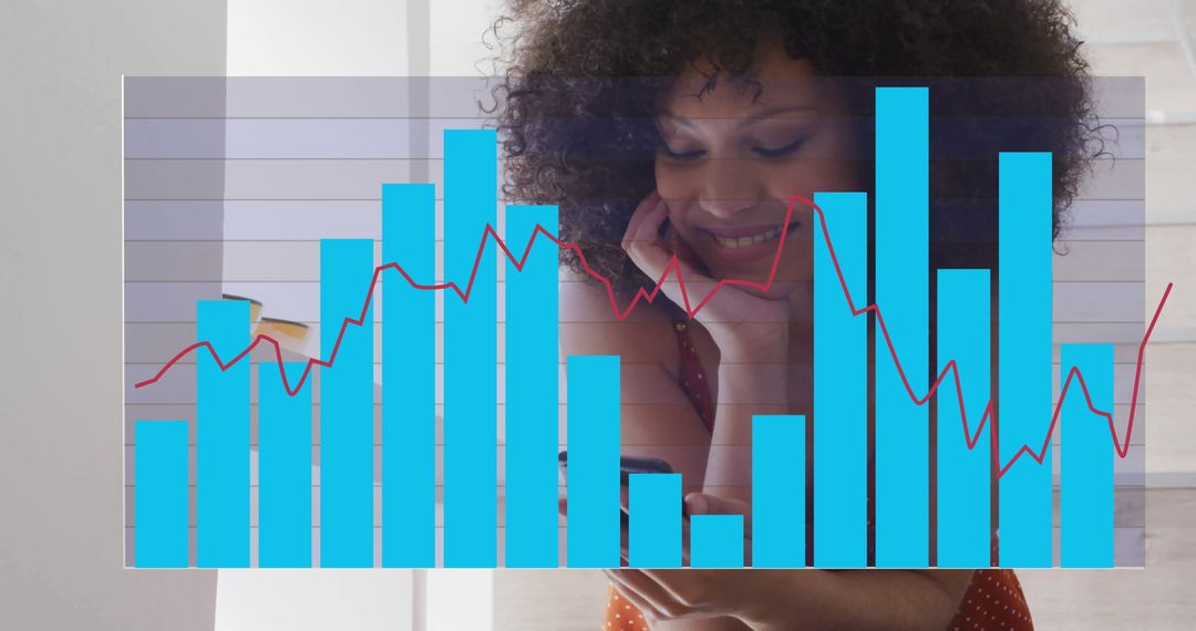 Woman Analyzing Business Data on Smartphone with Graph Overlay