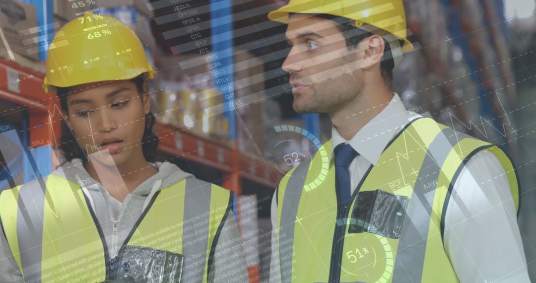 Supervisor Team Analyzing Logistics Data in Warehouse Environment