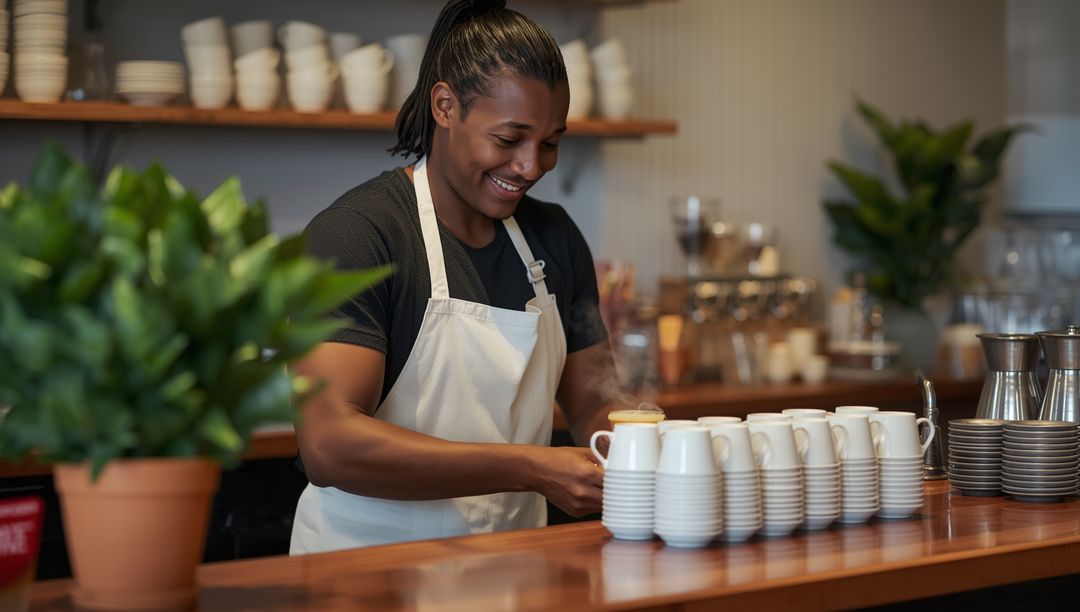 Barista Pouring Milk in Warm Café Environment