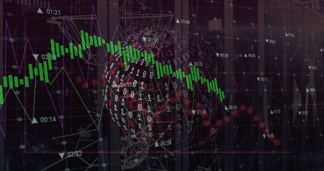 Futuristic Digital Interface with Binary Code and Candlestick Charts