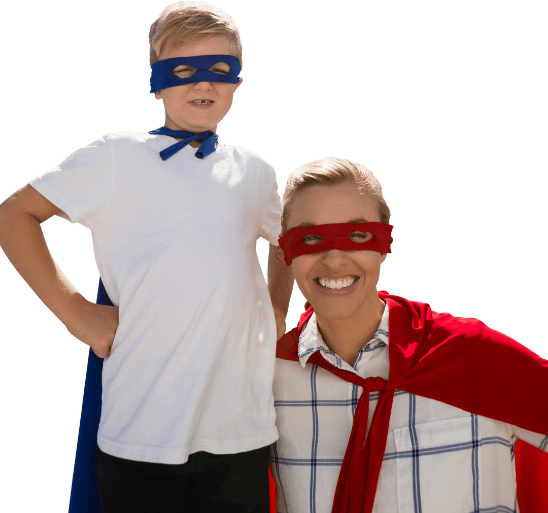 Transparent Mother and Son Dressed as Superheroes Embracing Joyful Playtime