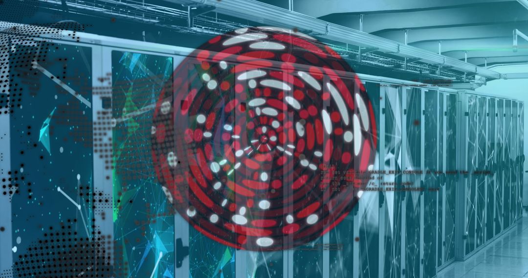 Abstract Red Sphere Overlaid on Data Servers Symbolizing Technology Networking