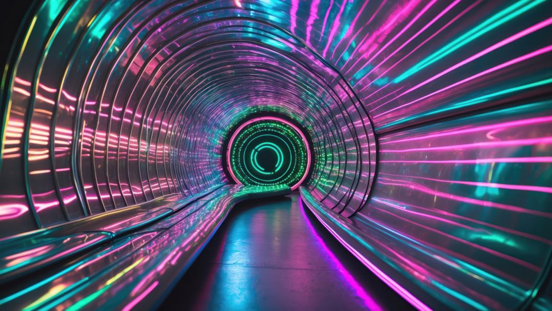 Futuristic Tunnel with Neon Lights and Reflections