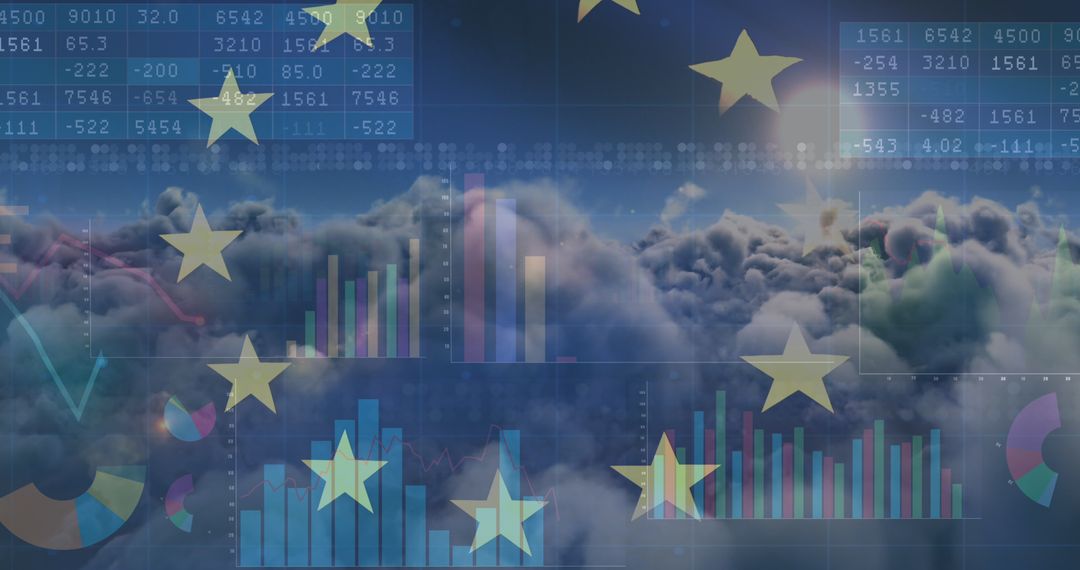 Digital Data Overlaid with EU Flag Amidst Cloud Computing