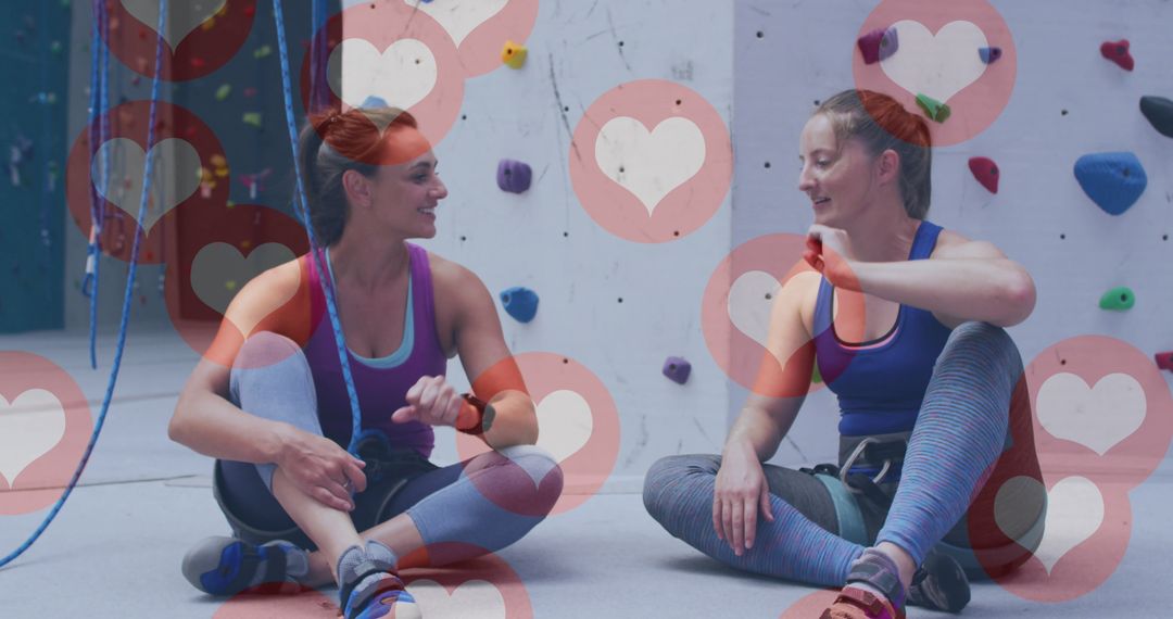 Two Women Fist Bumping at Climbing Gym Surrounded by Heart Icons