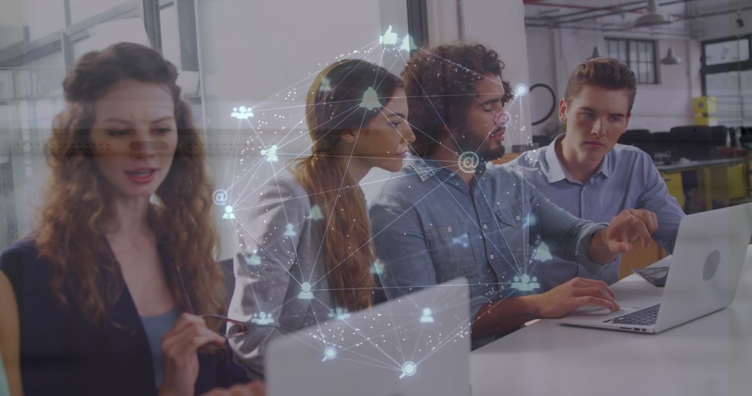 Diverse Team Collaborating with Digital Global Network Overlay