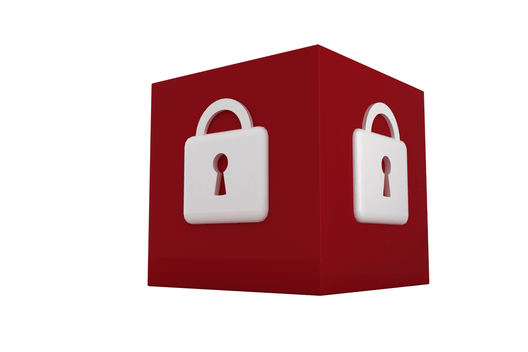 Red Cube with White Padlocks Transparent Security Concept