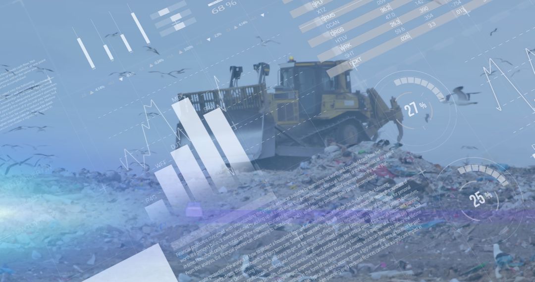 Bulldozer on Waste Dump with Overlayed Financial Graphics