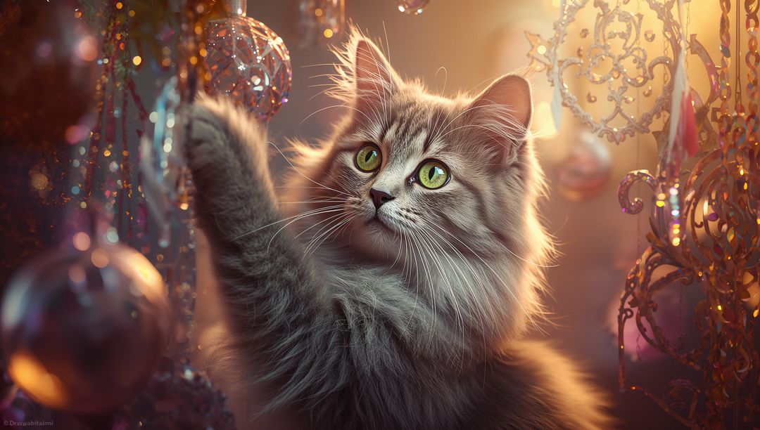 Fluffy Gray Cat Playing with Glittering Holiday Ornaments in Warm Light