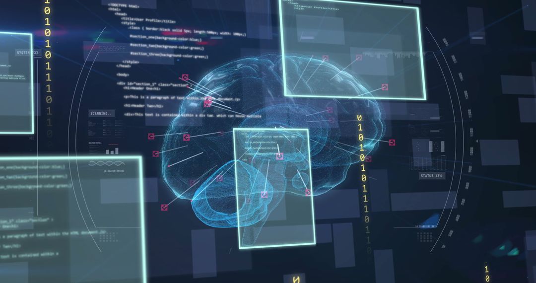 Digital Brain with Data Screens Illustrating AI Technology